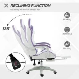 Rackhams Computer Gaming Chair, PU Leather Office Desk Chair with Footrest, Swivel Wheels, 135° Reclining Back, Lumbar Support, Headrest, White and Purple - thumbnail 5