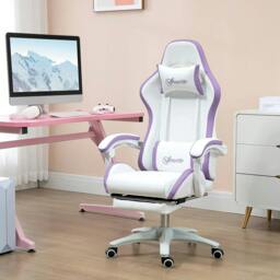 Rackhams Computer Gaming Chair, PU Leather Office Desk Chair with Footrest, Swivel Wheels, 135° Reclining Back, Lumbar Support, Headrest, White and Purple - thumbnail 2