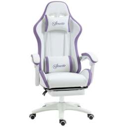 Rackhams Computer Gaming Chair, PU Leather Office Desk Chair with Footrest, Swivel Wheels, 135° Reclining Back, Lumbar Support, Headrest, White and Purple - thumbnail 1