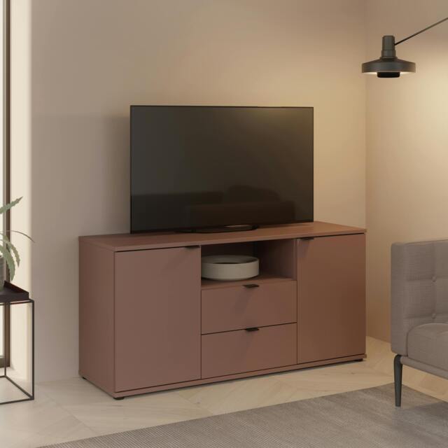 Rackhams Ganymede TV Unit with Open Shelf, 2 Drawers & 2 Doors in Terracotta - W 129.8 X H 63.1 X D 41.3cm - 1 - Manufactured Wood - image 1