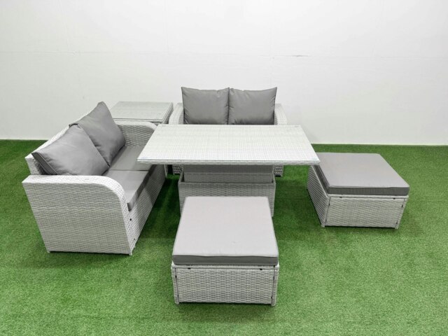 Rackhams 6 Seater Outdoor Love Sofa Set Rattan Garden Furniture Set with Adjustable Lifting Dining or Coffee Table 2 Footstool Side Table Light Grey - image 1