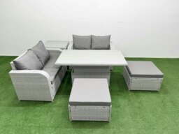 Rackhams 6 Seater Outdoor Love Sofa Set Rattan Garden Furniture Set with Adjustable Lifting Dining or Coffee Table 2 Footstool Side Table Light Grey - thumbnail 1