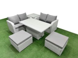 Rackhams 6 Seater Outdoor Love Sofa Set Rattan Garden Furniture Set with Adjustable Lifting Dining or Coffee Table 2 Footstool Side Table Light Grey - thumbnail 2