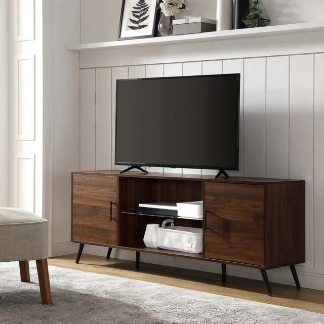 "Rackhams PORTOBELLO Luxury Walnut Dual Compartment Storage 6-Shelf up to 65"" Flat Screen TV Cabinet - Walnut - 1 - TV Cabinet" - image 1