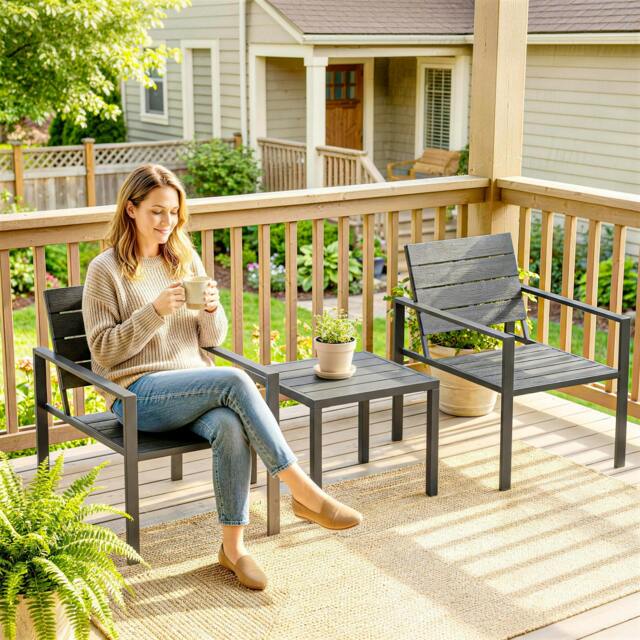 Rackhams 3 Pieces Garden Bistro Set for 2, Outdoor Bistro Table and Chairs - Dark Grey - 3 - Outdoor Bistro Set - image 1