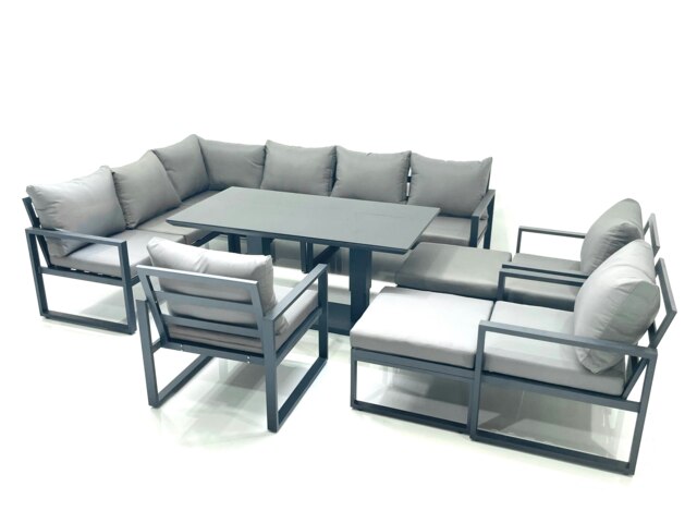 Rackhams Aluminum Outdoor Garden Furniture Set Corner Sofa 3 Chair 2 Big Footstools Adjustable Rising Lifting Dining Table Sets Dark Grey