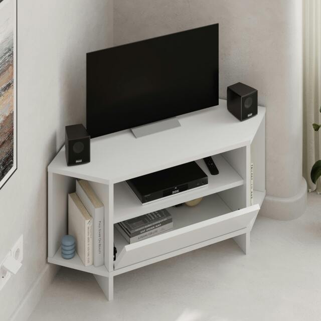 Rackhams Modern Viva Corner TV Unit Shelf up to 36 Inch TVs Push to Open Storage Cabinet, 3 Open Shelf Media Centre 95.7(W)cm - White - image 1