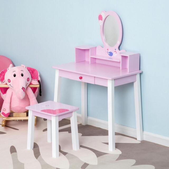 Rackhams Kids Dressing Table and Stool Set Make Up Desk with Storage (Pink) - image 1