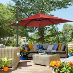 Rackhams 2.5 x 2.5m Patio Offset Parasol Umbrella Cantilever Aluminium Sun Shade Canopy Shelter 360° Rotation with Crank Handle & Cross Base - Green - Wine Red - 245L x 245W x 248Hcm - thumbnail 1