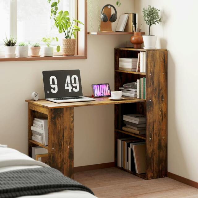 Rackhams 120cm Computer Desk Bookshelf Writing Table 6 Shelves Brown - 55 - Particle Board - 120 - image 1