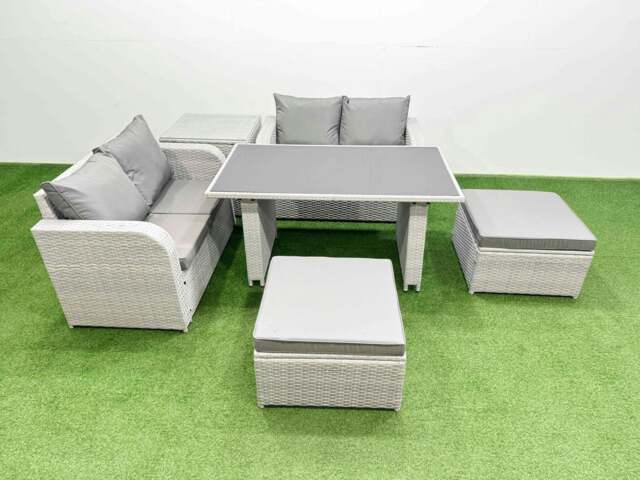 Rackhams 6 Pieces Outdoor PE Rattan Sofa Set Patio Garden Furniture Sets with Cushions Side Table 2 Big Stools Light Grey - image 1