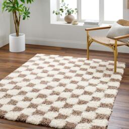 Rackhams Urban Shag-Modern Cream Brown Checkered Soft Plush Pile Rug - 160 x 220 cm - thumbnail 1