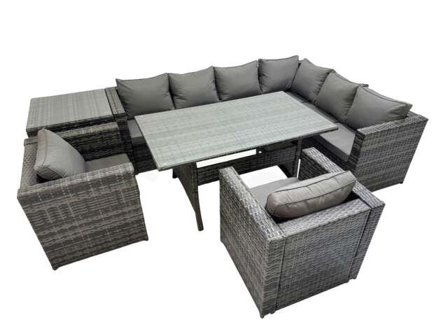 Rackhams Rattan Garden Furniture Set Outdoor 8 Seater Patio Dining Corner Sofa Sets with Dining Table 2 Chairs Side Table Dark Grey Mixed - image 1