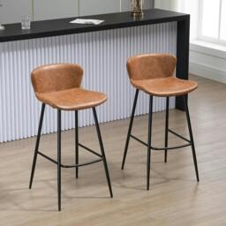 Rackhams Bar Stools Set of 2, PU Leather Upholstered Bar Chairs, Breakfast Kitchen Counter Chairs with Backs, Steel Legs and Footrests for Dining Room, Brown - thumbnail 2