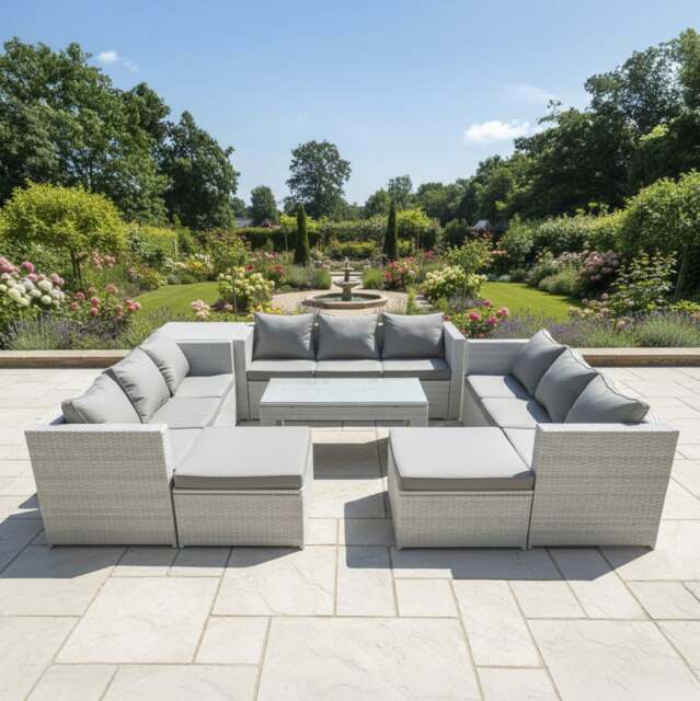 Rackhams 11 Seater Rattan Garden Furniture Set with 3 Sofas, Coffee Table, 2 Side Tables and 2 Large Footstools - Light Grey - image 1