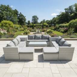 Rackhams 11 Seater Rattan Garden Furniture Set with 3 Sofas, Coffee Table, 2 Side Tables and 2 Large Footstools - Light Grey