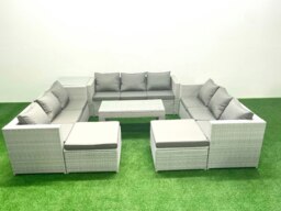 Rackhams 11 Seater Rattan Garden Furniture Set with 3 Sofas, Coffee Table, 2 Side Tables and 2 Large Footstools - Light Grey - thumbnail 2