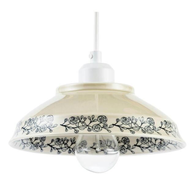 Rackhams Cream Gloss Ceramic Pendant Light Shade with Navy Blue Floral Design - image 1