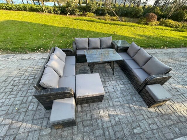 Rackhams 12 Seater Wicker Rattan Garden Furniture Set with Rectangular Dining Table Side Table 3 Footstools Patio Outdoor Lounge Sofa Set - image 1