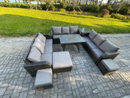Rackhams 12 Seater Wicker Rattan Garden Furniture Set with Rectangular Dining Table Side Table 3 Footstools Patio Outdoor Lounge Sofa Set - thumbnail 1