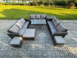 Rackhams 12 Seater Wicker Rattan Garden Furniture Set with Rectangular Dining Table Side Table 3 Footstools Patio Outdoor Lounge Sofa Set - thumbnail 2