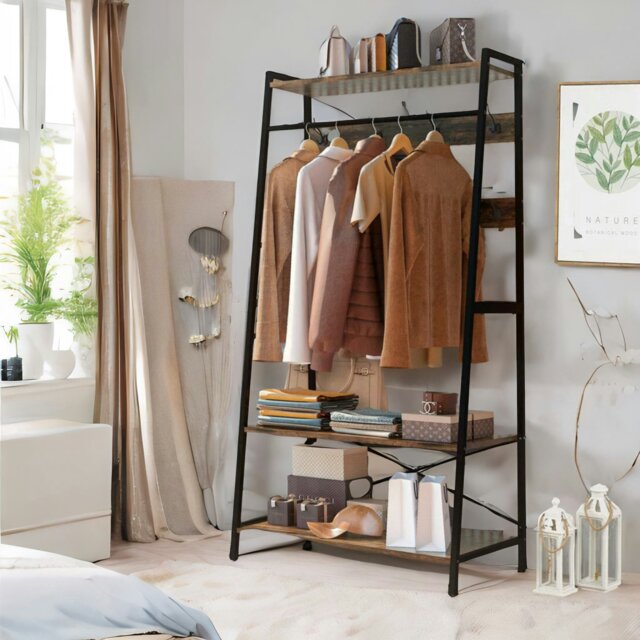 Rackhams Industrial Hall Tree Coat Rack Stand With 2 Shelves And 8 Hooks Brown - image 1