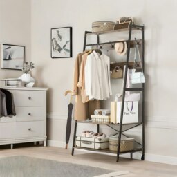 Rackhams Industrial Hall Tree Coat Rack Stand With 2 Shelves And 8 Hooks Brown - thumbnail 2
