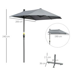 Rackhams 2m Half Parasol Market Umbrella Garden Balcony Parasol with Crank Handle, Cross Base, Double-Sided Canopy, Dark Grey - Orange - 190cm x 200cm x 240cm - thumbnail 6
