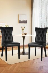 Rackhams 3-piece Set of Round Dining Table & 2 PU Leather Dining Chairs Coffee Table Set - Black - thumbnail 1