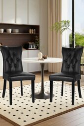 Rackhams 3-piece Set of Round Dining Table & 2 PU Leather Dining Chairs Coffee Table Set - Black - thumbnail 2