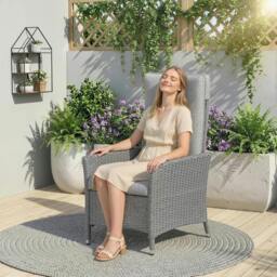 Rackhams Rattan Garden Recliner Chair with Adjustable Backrest, Light Grey - 59W x 59D x 100H cm - 1 - Steel, PE rattan, fibre cloth, cotton