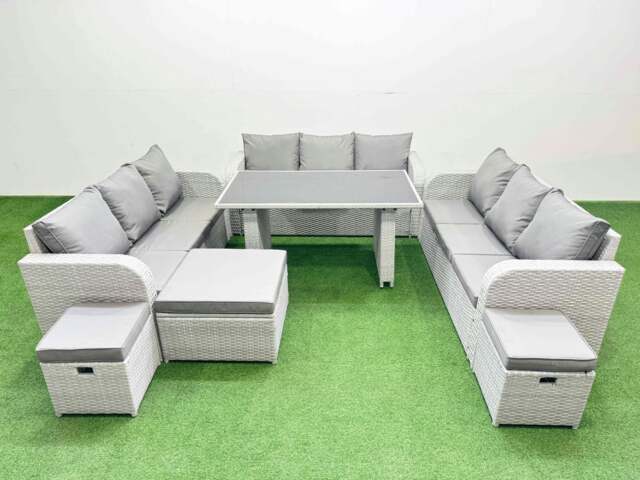 Rackhams Patio Garden Furniture Sets with Black Glass Top Dining Table 3 Seater Sofa 3 Stool Light Grey - image 1