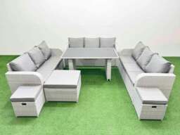 Rackhams Patio Garden Furniture Sets with Black Glass Top Dining Table 3 Seater Sofa 3 Stool Light Grey - thumbnail 1