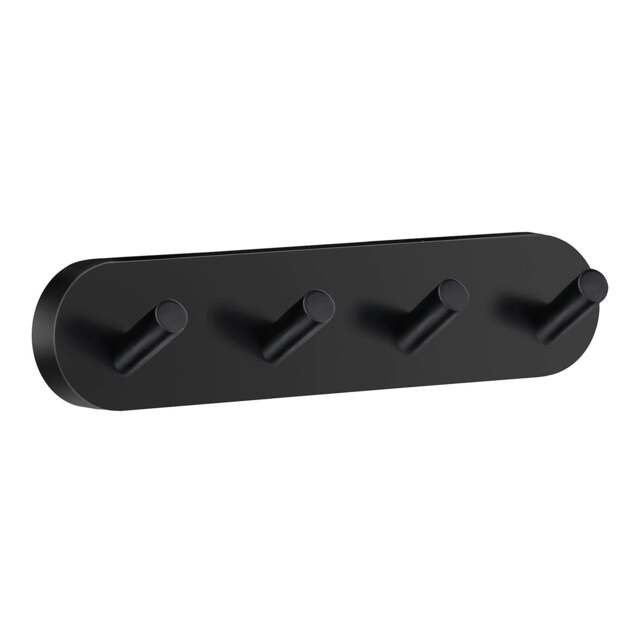Rackhams Matt Black Quadruple Towel Hook Rail 40mm x 178mm Wall Mounted Bathroom Rounded Robe Hooks Clothes Hanger Coat Peg - image 1