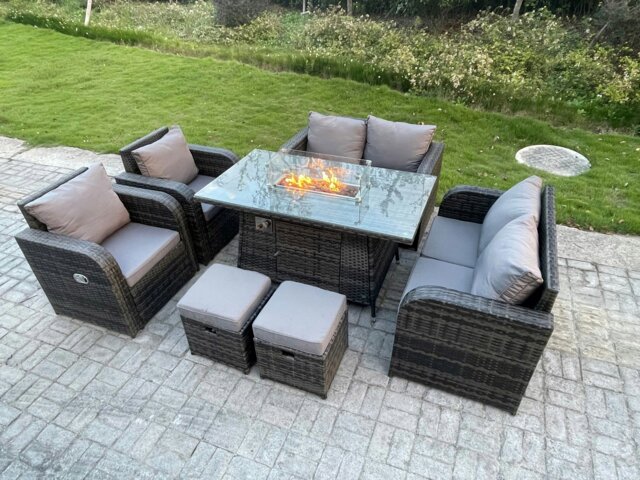 Rackhams Outdoor Rattan Garden Furniture High Back Sofa Set Fire Pit Dining Table Gas Heater 2 Recling Chairs 2 Seater Love Sofa Footstools 8 Seater - image 1