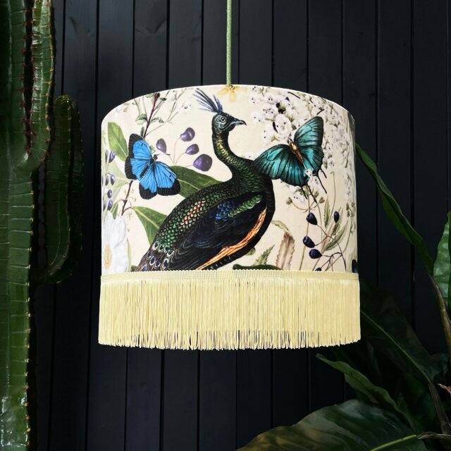 "Rackhams Parchment Mythical Plumes Velvet Lampshade With Fringing - Table / Floor Lamp - 35cm Diameter x 25cm Height (14"" x 10"")" - image 1