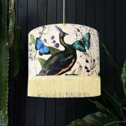 "Rackhams Parchment Mythical Plumes Velvet Lampshade With Fringing - Table / Floor Lamp - 35cm Diameter x 25cm Height (14"" x 10"")" - thumbnail 1