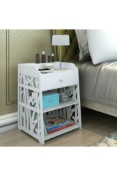 Rackhams Hollow Carved Bird Pattern Side Table Nightstand Shelf Bedroom Cabinet with Drawer - White - thumbnail 3