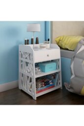 Rackhams Hollow Carved Bird Pattern Side Table Nightstand Shelf Bedroom Cabinet with Drawer - White - thumbnail 5