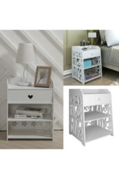 Rackhams Hollow Carved Bird Pattern Side Table Nightstand Shelf Bedroom Cabinet with Drawer - White - thumbnail 4