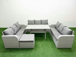 Rackhams PE Rattan Lounge Sofa Set 10 Seater Outdoor Garden Furniture Set with Rectangular Dining Table 3 Seater Sofa Big Footstool Light Grey - thumbnail 1