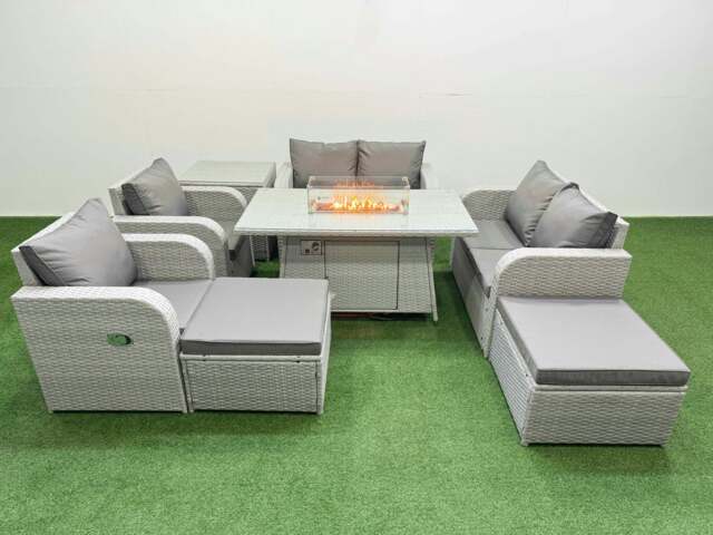 Rackhams 8 Seater Outdoor Reclining Chair Love Sofa Set Rattan Garden Furniture Set with Fire Pit Dining Table 2 Big FootStools Side Table Light Grey - image 1