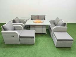 Rackhams 8 Seater Outdoor Reclining Chair Love Sofa Set Rattan Garden Furniture Set with Fire Pit Dining Table 2 Big FootStools Side Table Light Grey - thumbnail 1