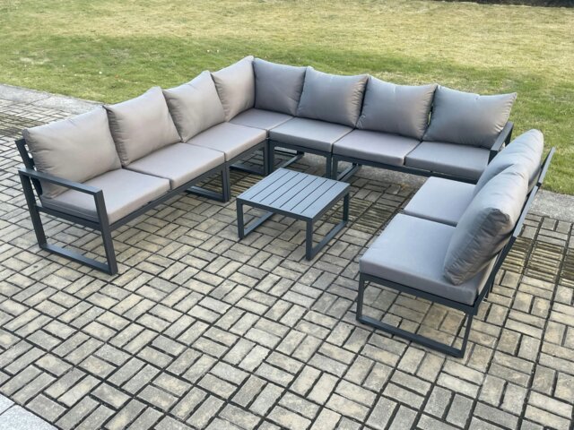 Rackhams 9 Seater Patio Outdoor Garden Furniture Aluminium Lounge Corner Sofa Set with Square Coffee Table Dark Grey