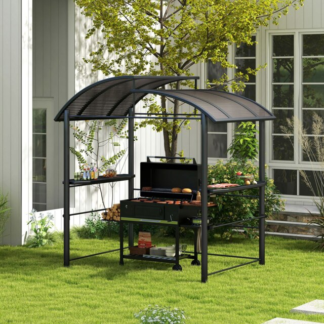 Rackhams BBQ Patio Canopy Gazebo with Interlaced Polycarbonate Roof 2 Shelves - Dark Grey - 240cm x 150cm x 230cm - image 1