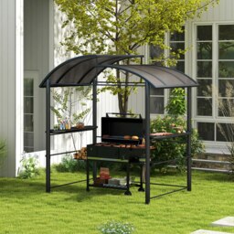 Rackhams BBQ Patio Canopy Gazebo with Interlaced Polycarbonate Roof 2 Shelves - Dark Grey - 240cm x 150cm x 230cm - thumbnail 1