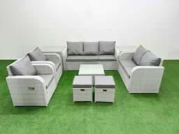 Rackhams Rattan Garden Furniture Set with Adjustable Chair Love Seat 2 Seater Sofa Square Coffee Table 2 Stools 2 Side Table Light Grey - thumbnail 1