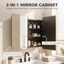 Rackhams 76.2 x 11.6 x 61 cm Bathroom Mirror Cabinet, Wall Cabinet with Adjustable Shelves, Wall-Mounted or Recessed, Gold Tone - Gold Tone - thumbnail 4