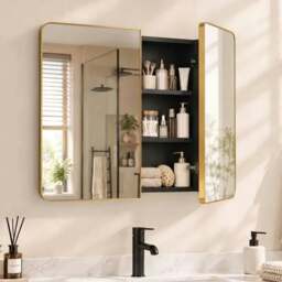 Rackhams 76.2 x 11.6 x 61 cm Bathroom Mirror Cabinet, Wall Cabinet with Adjustable Shelves, Wall-Mounted or Recessed, Gold Tone - Gold Tone - thumbnail 1