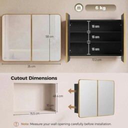 Rackhams 76.2 x 11.6 x 61 cm Bathroom Mirror Cabinet, Wall Cabinet with Adjustable Shelves, Wall-Mounted or Recessed, Gold Tone - Gold Tone - thumbnail 3
